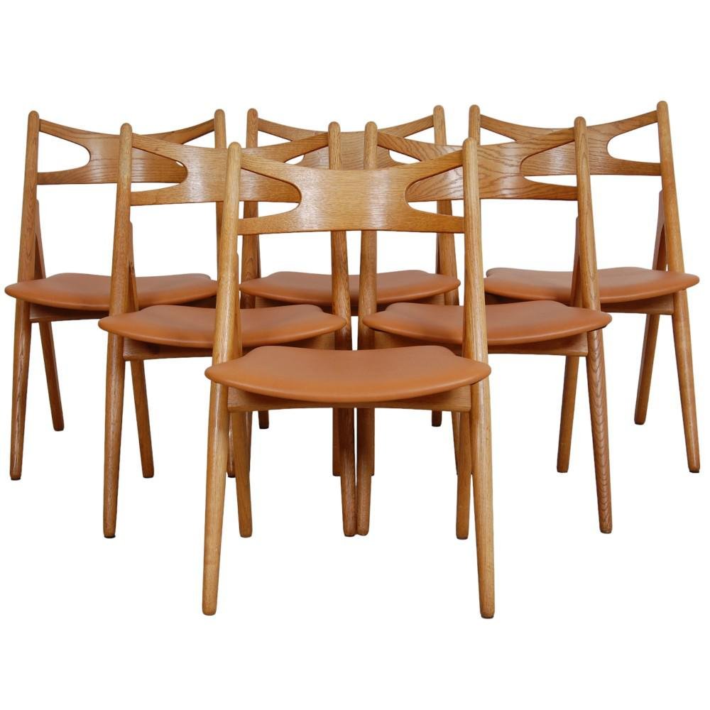 Sawbuck Dining Chairs in Oak and Cognac Anilin Leather by Hans Wegner, 1970s, Set of 6