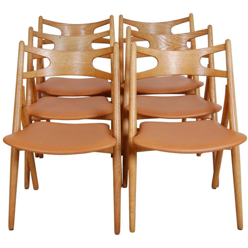 Sawbuck Dining Chairs in Oak and Cognac Anilin Leather by Hans Wegner, 1970s, Set of 6