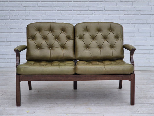 Scandinavian 2 Seater Sofa in Green Leather & Teak Wood, 1970s