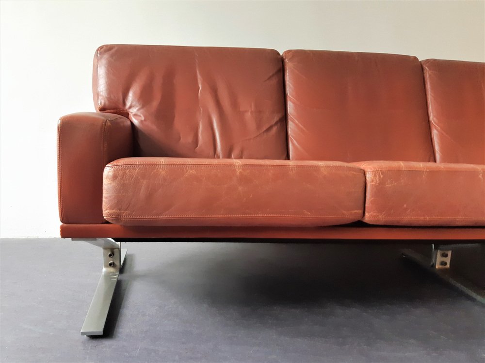 Scandinavian 4-Seat Sofa in Red-Brown Leather, 1960s