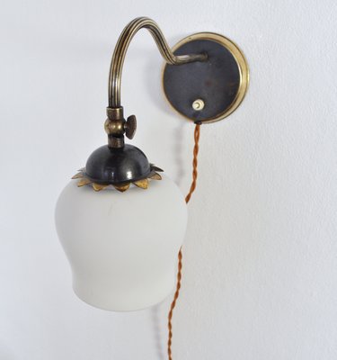 Scandinavian Art Deco Brass & Opaline Glass Wall Lamp, 1930s-HPQ-1315120