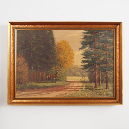 Scandinavian Artist, The Deer by the Road, 1970s, Oil on Canvas, Framed