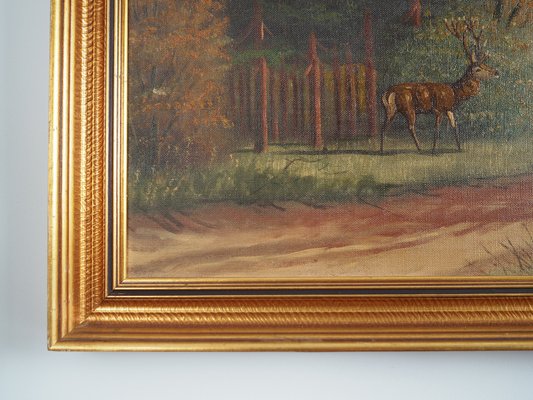 Scandinavian Artist, The Deer by the Road, 1970s, Oil on Canvas, Framed-VND-1736846