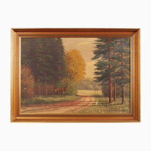 Scandinavian Artist, The Deer by the Road, 1970s, Oil on Canvas, Framed-VND-1736846