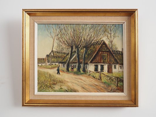 Scandinavian Artist, The Farm Under the Willows, 1960s, Oil on Canvas, Framed-VND-1744122