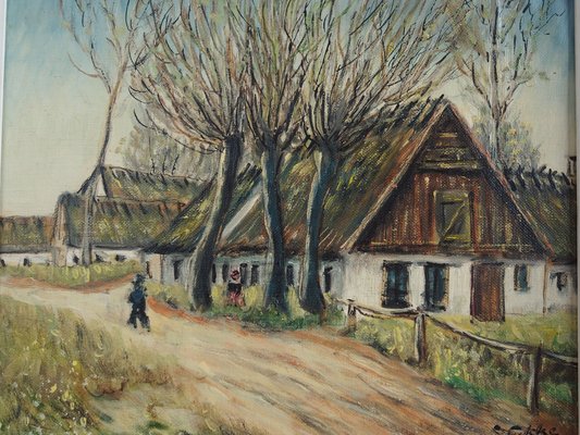 Scandinavian Artist, The Farm Under the Willows, 1960s, Oil on Canvas, Framed-VND-1744122