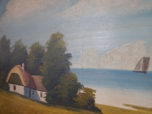 Scandinavian Artist, The Hut by the Sea, 1970s, Oil on Board, Framed-VND-1733022