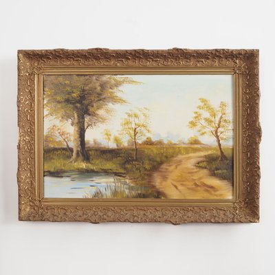 Scandinavian Artist, The Road by the Pond, 1970s, Oil on Canvas, Framed-VND-1752758