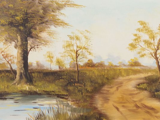 Scandinavian Artist, The Road by the Pond, 1970s, Oil on Canvas, Framed-VND-1752758