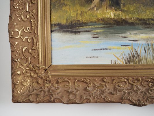 Scandinavian Artist, The Road by the Pond, 1970s, Oil on Canvas, Framed-VND-1752758