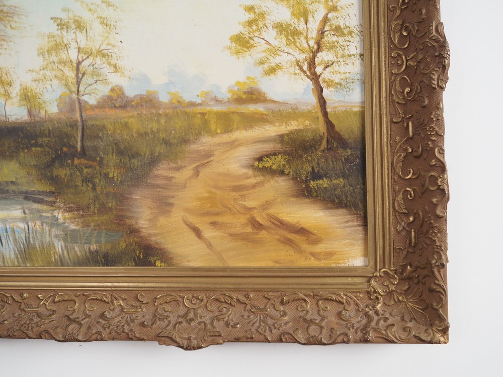 Scandinavian Artist, The Road by the Pond, 1970s, Oil on Canvas, Framed