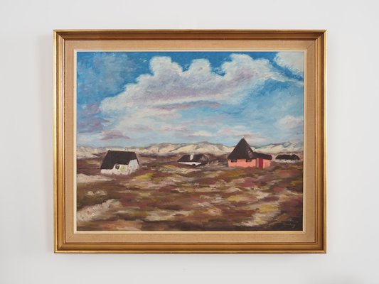 Scandinavian Artist, The Village in the Clouds, 1970s, Oil on Canvas, Framed-VND-1734103