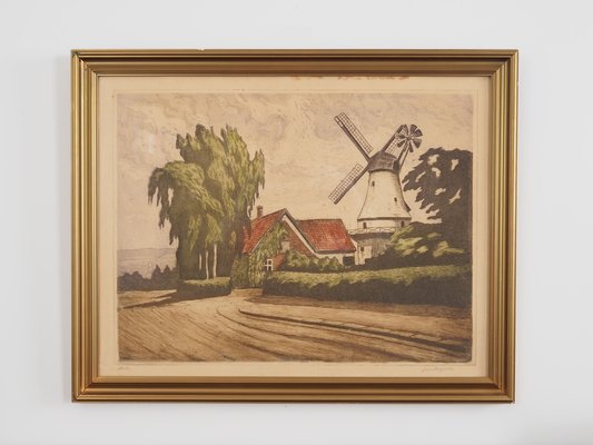 Scandinavian Artist, The Windmill, 1970s, Print on Panel, Framed-VND-1701943