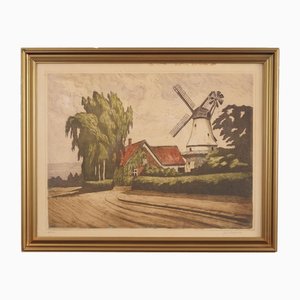 Scandinavian Artist, The Windmill, 1970s, Print on Panel, Framed-VND-1701943