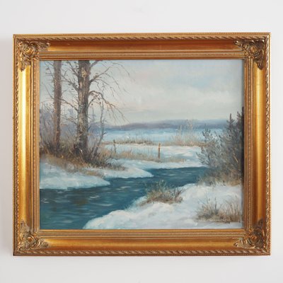 Scandinavian Artist, The Winter Brook, 1970s, Oil on Canvas, Framed-VND-1706407