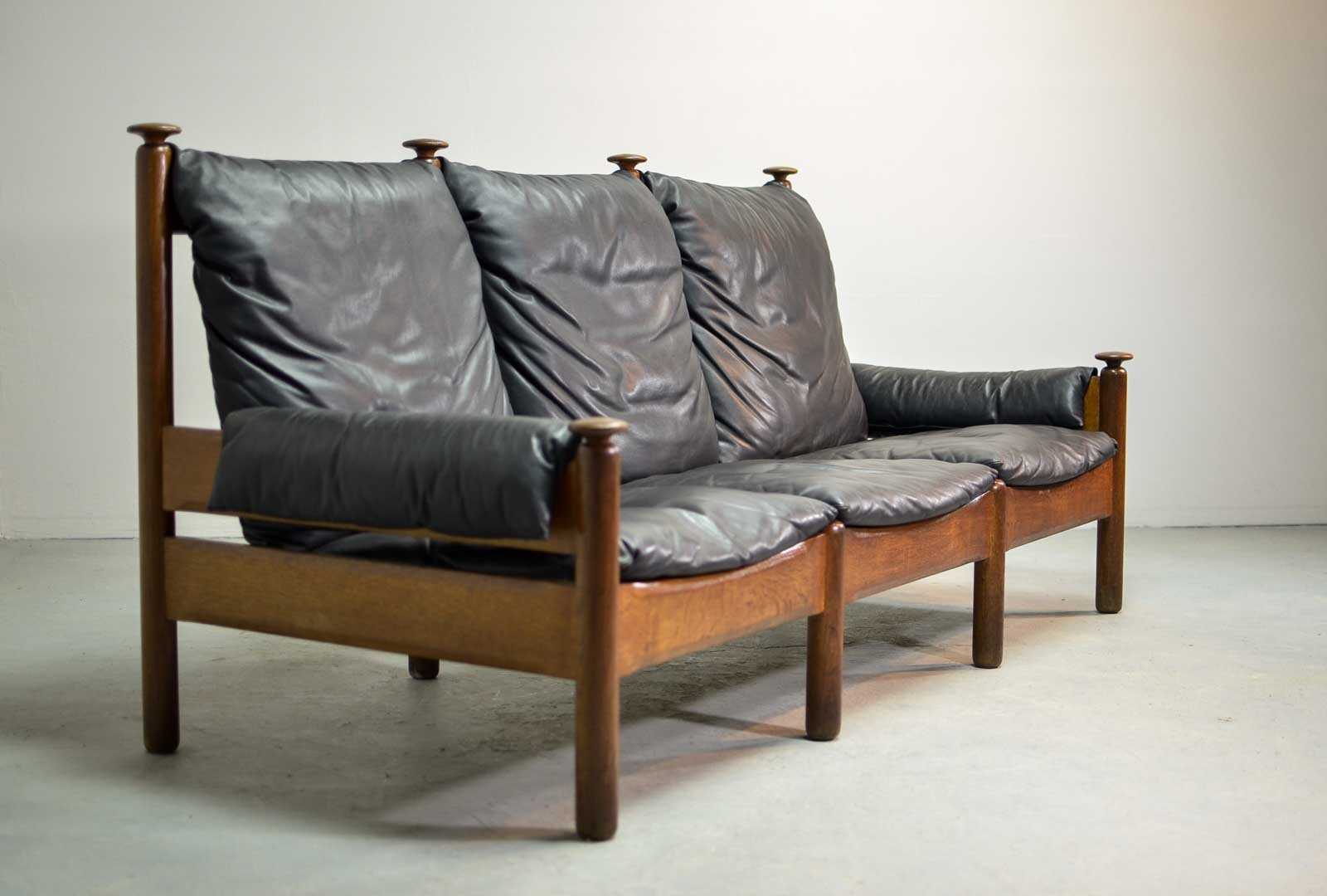 Scandinavian Black Leather 3-Seater Sofa, 1960s