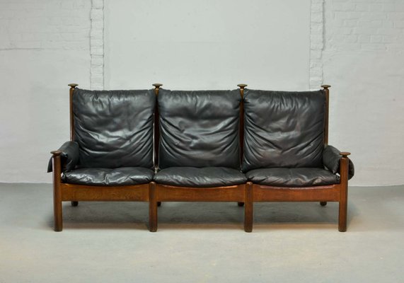 Scandinavian Black Leather 3-Seater Sofa, 1960s-IXC-878823