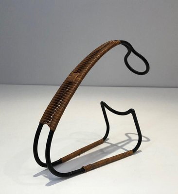 Scandinavian Black Metal & Rattan Bottle Holder, 1950s-BA-803053