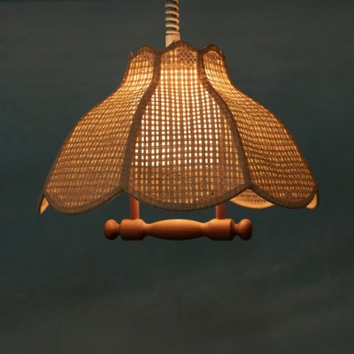 Scandinavian Bohemian Hanging Lamp in Webbing & Pine, 1970s-HGA-1703981