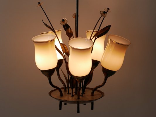 Scandinavian Brass and Opal Glass Ceiling Lamp, 1950s-WPT-1357833