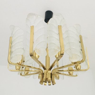 Scandinavian Brass Chandelier with 10 Glass Leaves by Carl Fagerlund for Orrefors, Sweden, 1960s-BMM-1100237