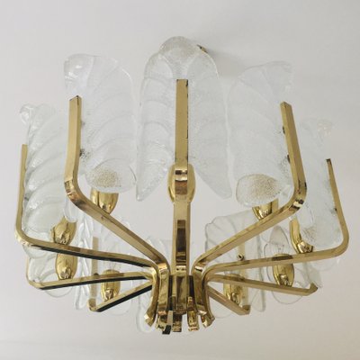 Scandinavian Brass Chandelier with 10 Glass Leaves by Carl Fagerlund for Orrefors, Sweden, 1960s-BMM-1100237