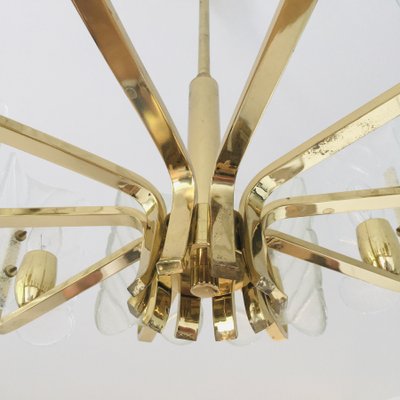 Scandinavian Brass Chandelier with 10 Glass Leaves by Carl Fagerlund for Orrefors, Sweden, 1960s-BMM-1100237