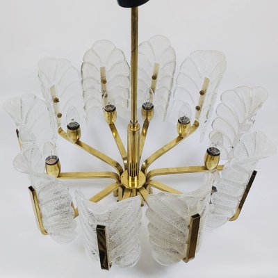 Scandinavian Brass Chandelier with 10 Glass Leaves by Carl Fagerlund for Orrefors, Sweden, 1960s-BMM-1100237