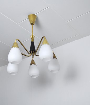 Scandinavian Ceiling Lamp in Brass and Opaline Glass, 1950s-HPQ-1417615