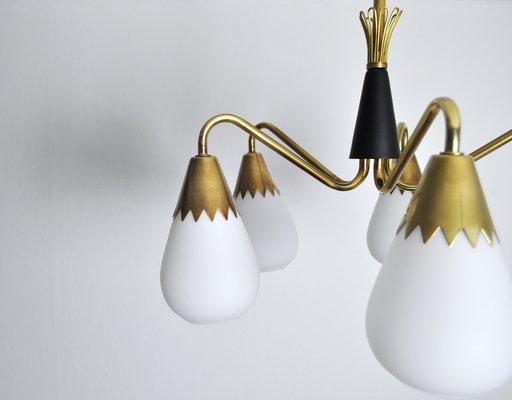 Scandinavian Ceiling Lamp in Brass and Opaline Glass, 1950s-HPQ-1417615