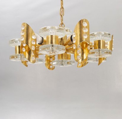 Scandinavian Chandelier in Brass and Glass from Orrefors, 1960s-AOU-1765320