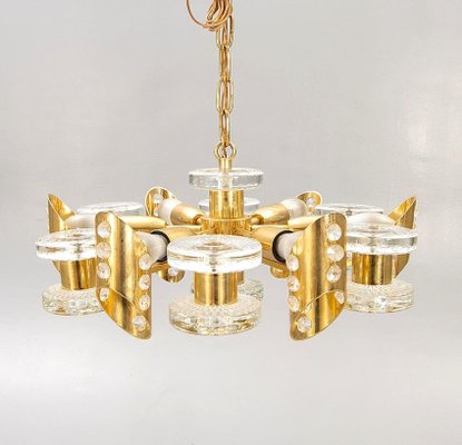 Scandinavian Chandelier in Brass and Glass from Orrefors, 1960s-AOU-1765320