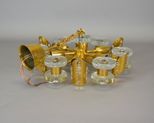 Scandinavian Chandelier in Brass and Glass from Orrefors, 1960s-AOU-1765320