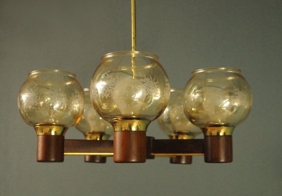 Scandinavian Chandelier in Mahogany and Brass, 1960s-KDW-1821290