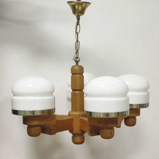 Scandinavian Chandelier in Pine & Opaline Glass by Jan Wickelgren for Aneta, Sweden, 1970s