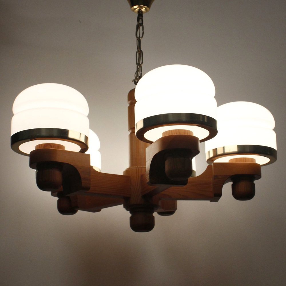 Scandinavian Chandelier in Pine & Opaline Glass by Jan Wickelgren for Aneta, Sweden, 1970s