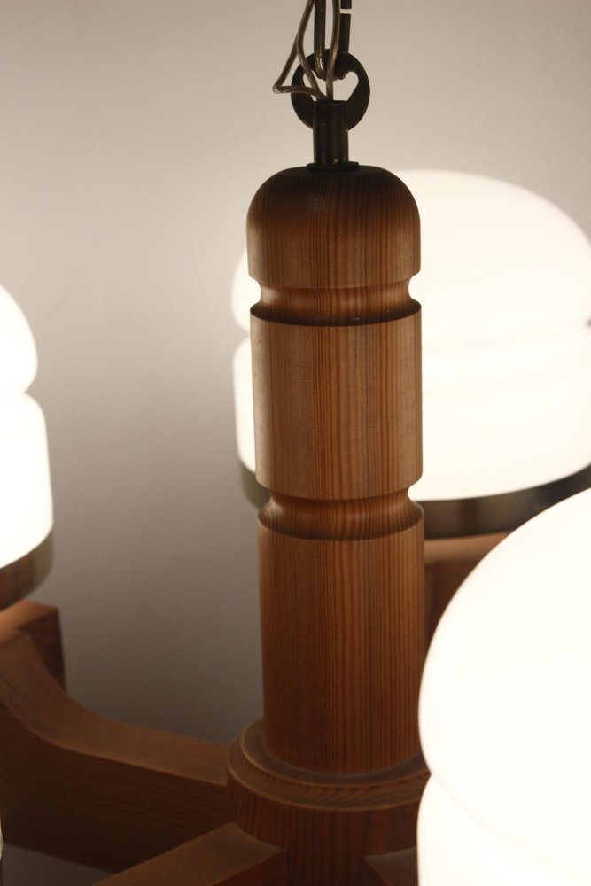 Scandinavian Chandelier in Pine & Opaline Glass by Jan Wickelgren for Aneta, Sweden, 1970s