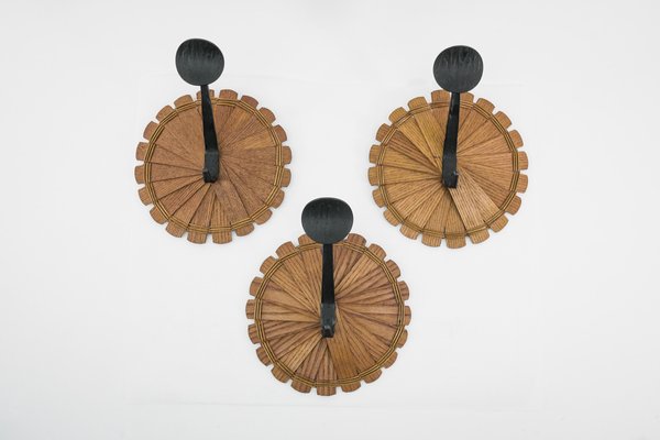 Scandinavian Coat Hooks in Wood, Wicker & Iron, 1960s, Set of 3-KQB-1425316