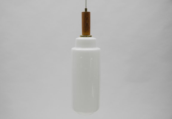 Scandinavian Cylindrical Opal Glass Hanging Lamp with Teak Wood, 1960s-KQB-1705315