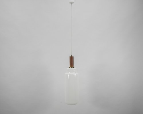 Scandinavian Cylindrical Opal Glass Hanging Lamp with Teak Wood, 1960s-KQB-1705315