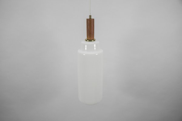 Scandinavian Cylindrical Opal Glass Hanging Lamp with Teak Wood, 1960s-KQB-1705315