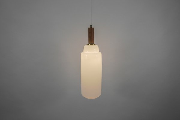 Scandinavian Cylindrical Opal Glass Hanging Lamp with Teak Wood, 1960s-KQB-1705315