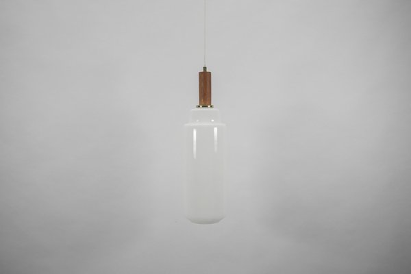 Scandinavian Cylindrical Opal Glass Hanging Lamp with Teak Wood, 1960s-KQB-1705315