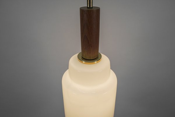 Scandinavian Cylindrical Opal Glass Hanging Lamp with Teak Wood, 1960s-KQB-1705315