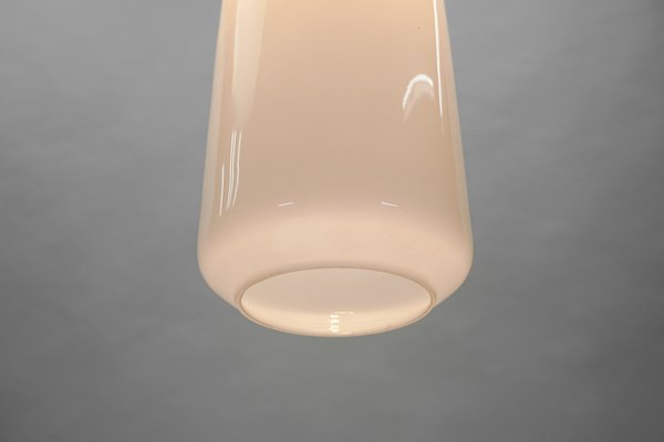 Scandinavian Cylindrical Opal Glass Hanging Lamp with Teak Wood, 1960s-KQB-1705315