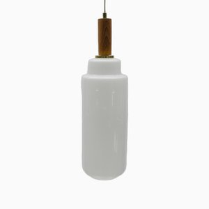 Scandinavian Cylindrical Opal Glass Hanging Lamp with Teak Wood, 1960s-KQB-1705315