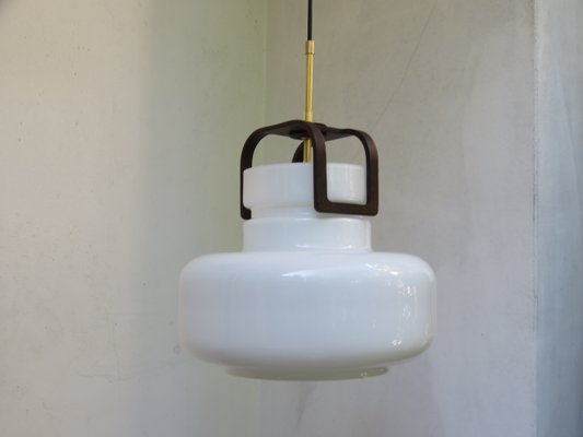 Scandinavian Glass, Wood, and Brass Ceiling Lamp, 1960s-EY-709671