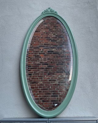 Scandinavian Green Pine Oval Wall Mirror, 1940s-LCR-1101039