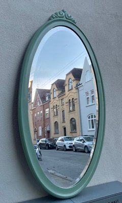 Scandinavian Green Pine Oval Wall Mirror, 1940s-LCR-1101039