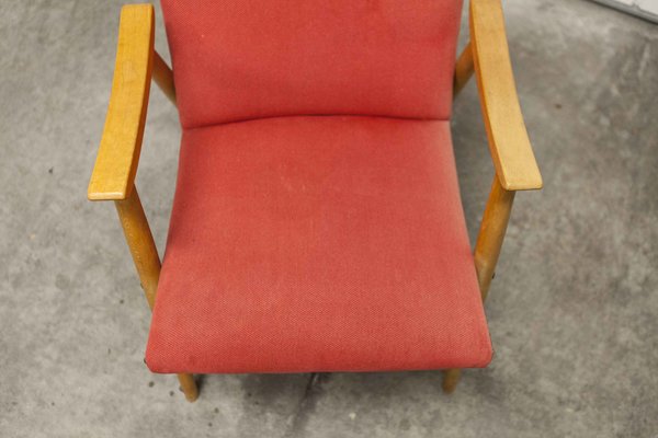 Scandinavian Honey-Colored Beech, Red Fabric & Black Skai Armchair, 1950s-VQY-1152613